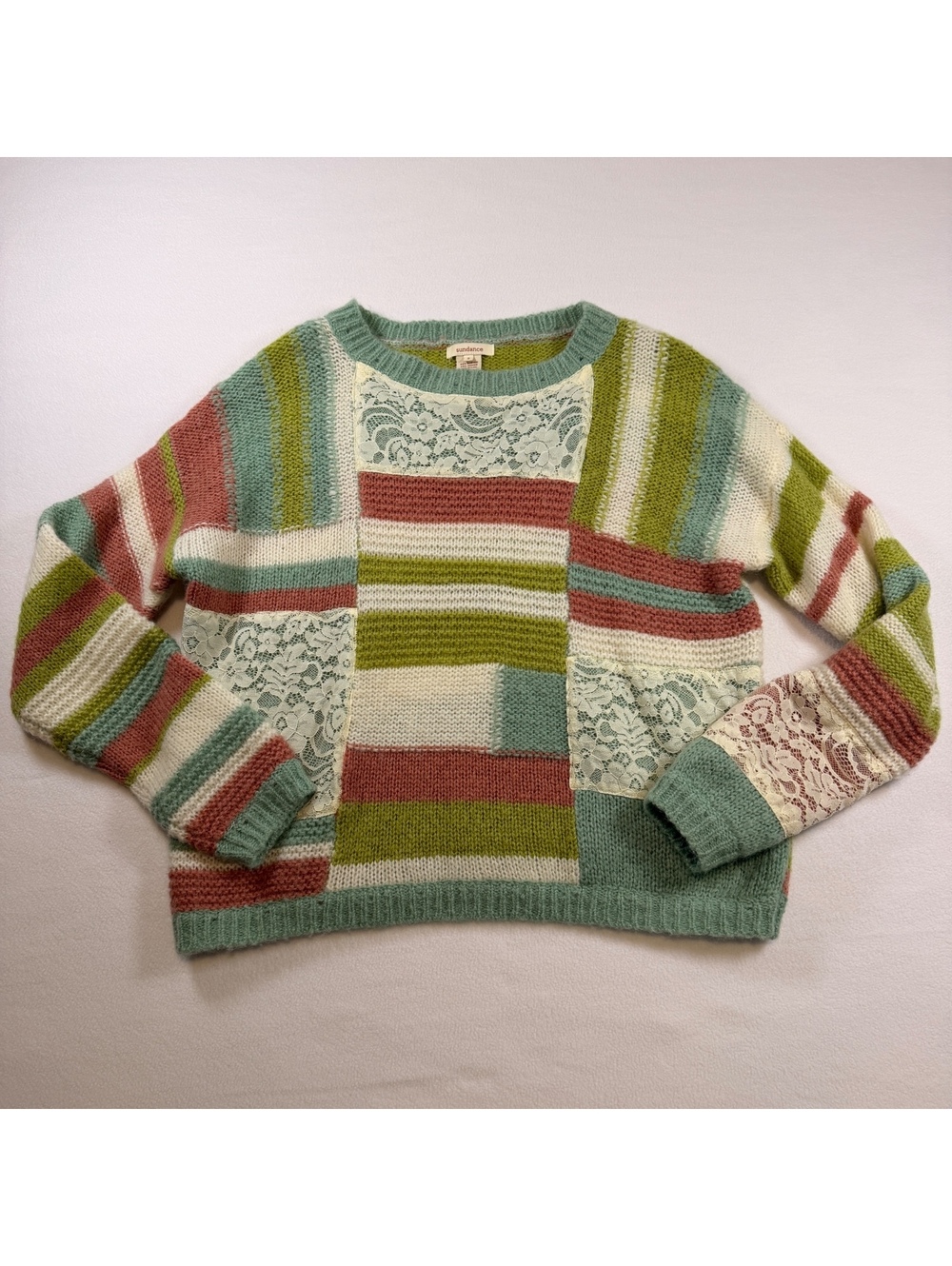 Sundance Catalog Striped Patchwork Lace Knit Sweater Large L